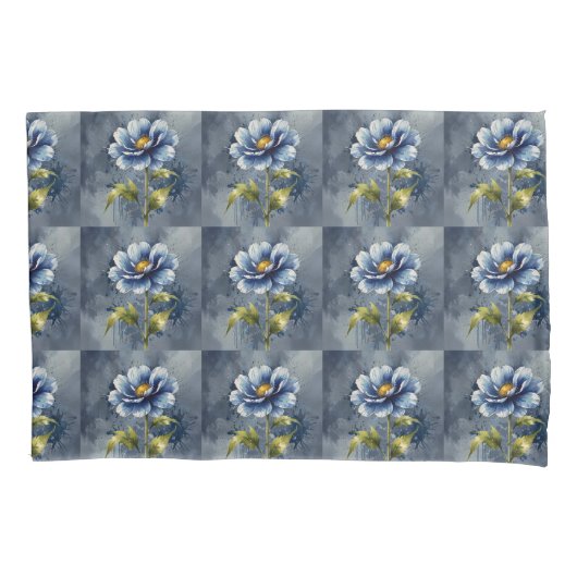 青い花の水彩模様 枕カバー (正面)