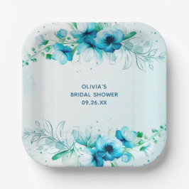青い花の水彩画のオリジナル ブライダルシャワー ペーパープレート