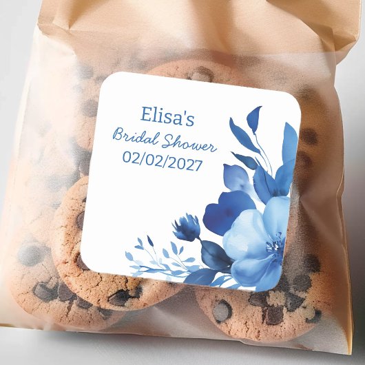 青い花の水彩画のオーダーメイドのブライダルシャワー スクエアシール