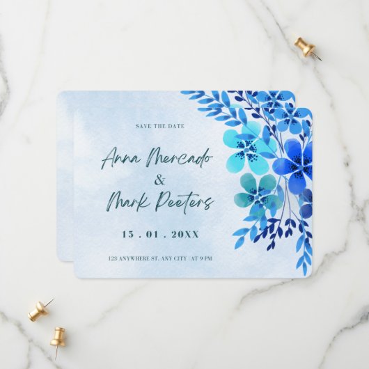 青い花の水彩画のセーブ・ザ・デートの招待状 セーブザデート (正面/裏面インサイチュ)