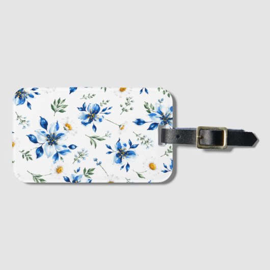 青い花の水彩画の荷札。 ラゲッジタグ (正面横)