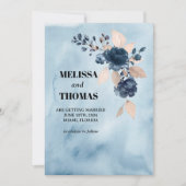 青い花の水彩画の「Save The Date」お知らせ 招待状 (正面)