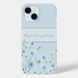 青い花の水彩画風デザイン iPhone 15ケース