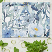 青い花の水彩花卉アート キッチンタオル (折り畳み)