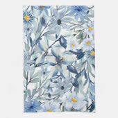 青い花の水彩花卉アート キッチンタオル (縦)