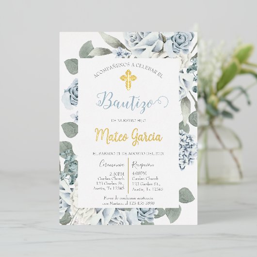 青い花の洗礼招待状（スペイン語） 箔招待状 (立ち正面)