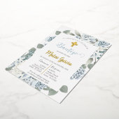 青い花の洗礼招待状（スペイン語） 箔招待状 (回転した状態)