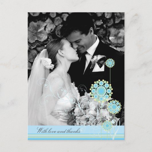 青い花の渦巻き結婚が感謝の写真 ポストカード (正面)