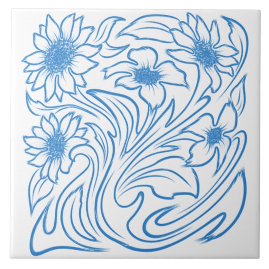 青い花の渦巻く植物画 タイル (正面)