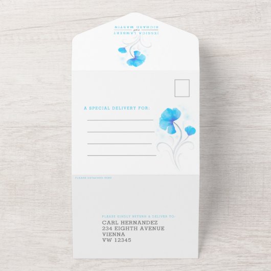 青い花の灰色の渦巻き水色 オールインワン招待状 (外側)