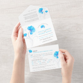 青い花の灰色の渦巻き水色 オールインワン招待状