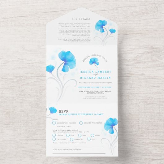 青い花の灰色の渦巻き水色 オールインワン招待状 (内側)