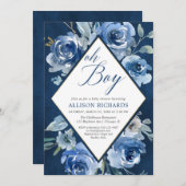 青い花の男の子のああベビーシャワー 招待状 (正面/裏面)