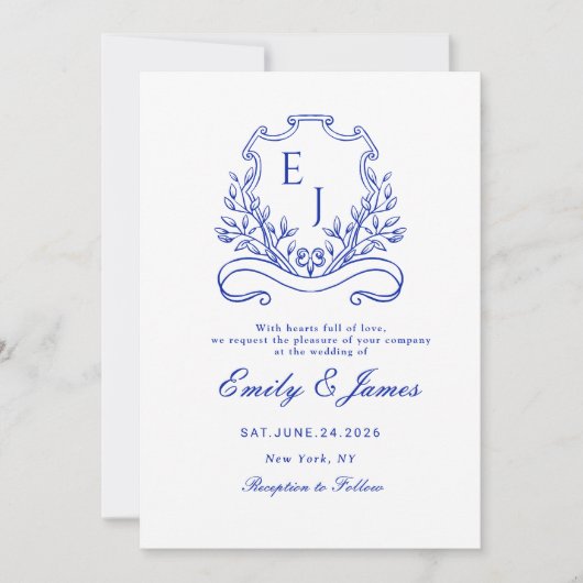 青い花の紋章のビクトリアン結婚式招待状 セーブザデート (正面)