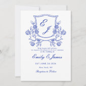 青い花の紋章のヴィクトリアン結婚式招待状 セーブザデート (正面)