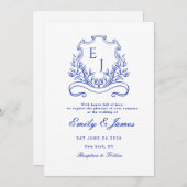 青い花の紋章のヴィクトリアン結婚式招待状 セーブザデート (正面/裏面)