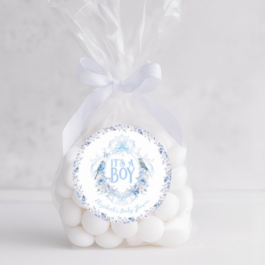 青い花の紋章リボン 男の子の赤ちゃん歓迎会 ラウンドシール