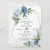 青い花の緑の幾何学的ブライダルシャワー 招待状 (正面)