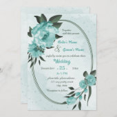 青い花の緑の幾何学的結婚な 招待状 (正面/裏面)