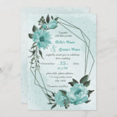 青い花の緑の幾何学的結婚な 招待状 (正面/裏面)