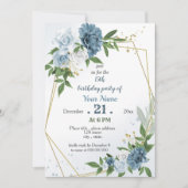 青い花の緑の幾何学誕生日 招待状 (正面)