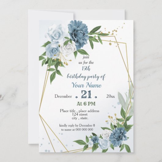 青い花の緑の幾何学誕生日 招待状 (正面)