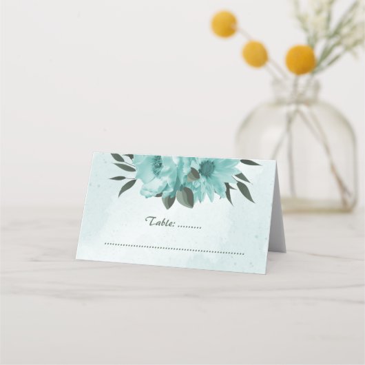 青い花の緑の植物結婚の プレイスカード (正面)