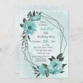 青い花の緑の植物誕生日 招待状 (正面/裏面)