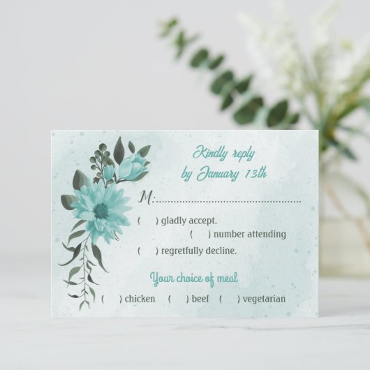 青い花の緑の食事の選択 出欠カード (スタンド正面)