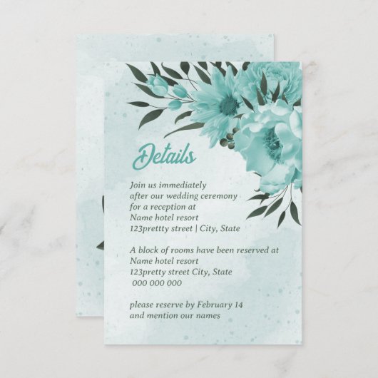 青い花の緑結婚の囲いカード エンクロージャーカード (正面/裏面)