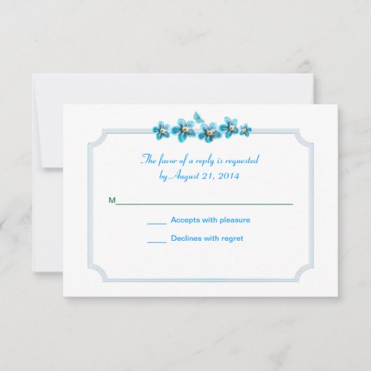 青い花の美しい結婚式RSVP 出欠カード (正面)