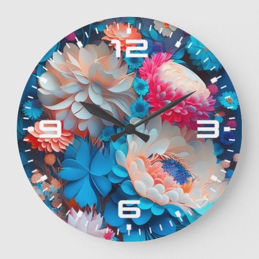 青い花の背景–1 ラージ壁時計 (正面)