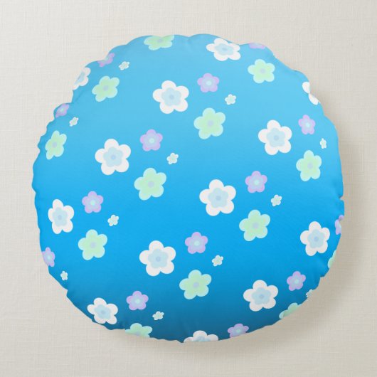 青い花の花柄グラデーション カラフルなパターン ラウンドクッション (正面)