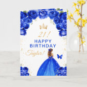 青い花の茶色の髪の少女 誕生日おめでとう カード (黄色い花)