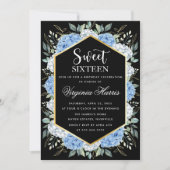 青い花の葉のブラックスイート16歳の誕生日 招待状 (正面)