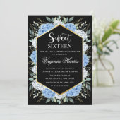 青い花の葉のブラックスイート16歳の誕生日 招待状 (スタンド正面)