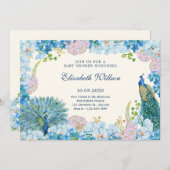 青い花の蘭と孔雀のベビーシャワー 招待状 (正面/裏面)
