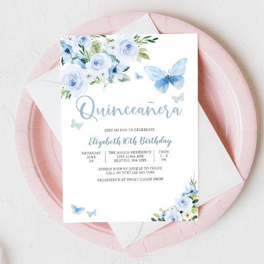 青い花の蝶のスイート16招待状 招待状