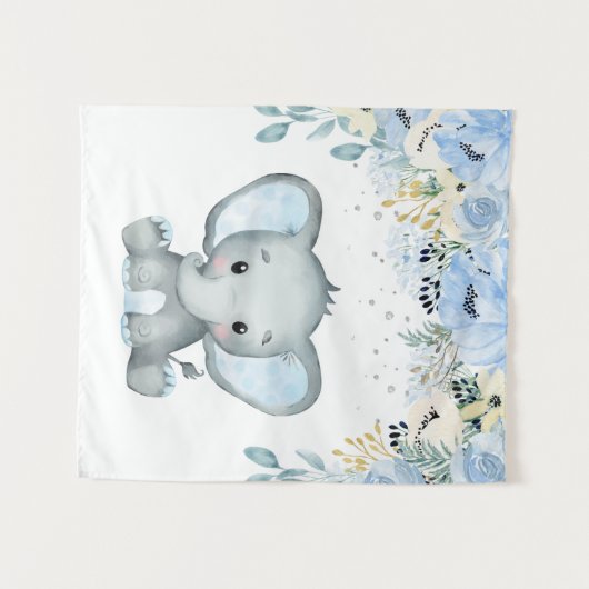青い花の象の赤ちゃん男の子の掛け布団 タペストリー (正面(横))