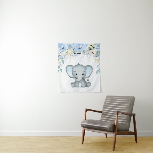 青い花の象の赤ちゃん男の子の掛け布団 タペストリー (インサイチュ)