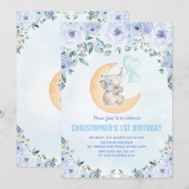 青い花の象の1歳誕生日パーティー 招待状