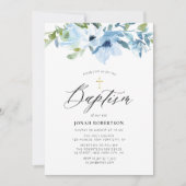 青い花の赤ちゃん男の子の洗礼招待状 招待状 (正面)