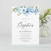 青い花の赤ちゃん男の子の洗礼招待状 招待状 (スタンド正面)