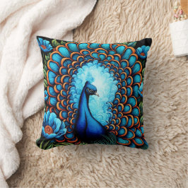 青い花の間の孔雀 クッション