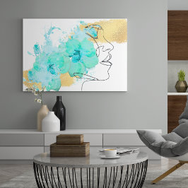 青い花の顔アートの一線金ゴールド キャンバスプリント