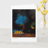 青い花びらと桃 カード (黄色い花)