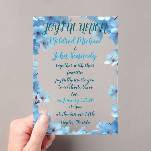 青い花を持つ喜ばしい連合結婚式招待状 アクリル招待状 (インサイチュ (ポータブル))