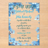 青い花を持つ喜ばしい連合結婚式招待状 アクリル招待状 (正面)