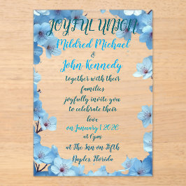 青い花を持つ喜ばしい連合結婚式招待状 アクリル招待状