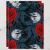 青い花を持つ鳥類と赤い葉牡丹花 (正面/裏面)